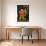 Unframed poster print of Fernando Botero's Un ladron (A thief) displayed on a wall in a home office