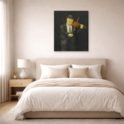 Gallery-wrapped canvas print of Fernando Botero's Violinist displayed on a wall in a bedroom