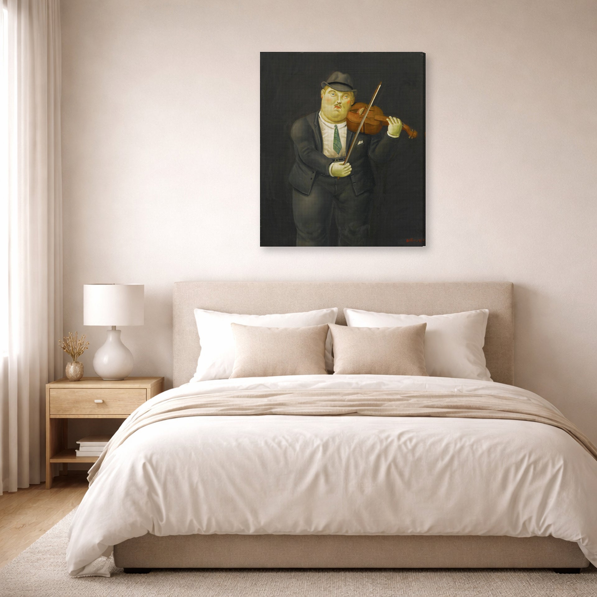 Gallery-wrapped canvas print of Fernando Botero's Violinist displayed on a wall in a bedroom