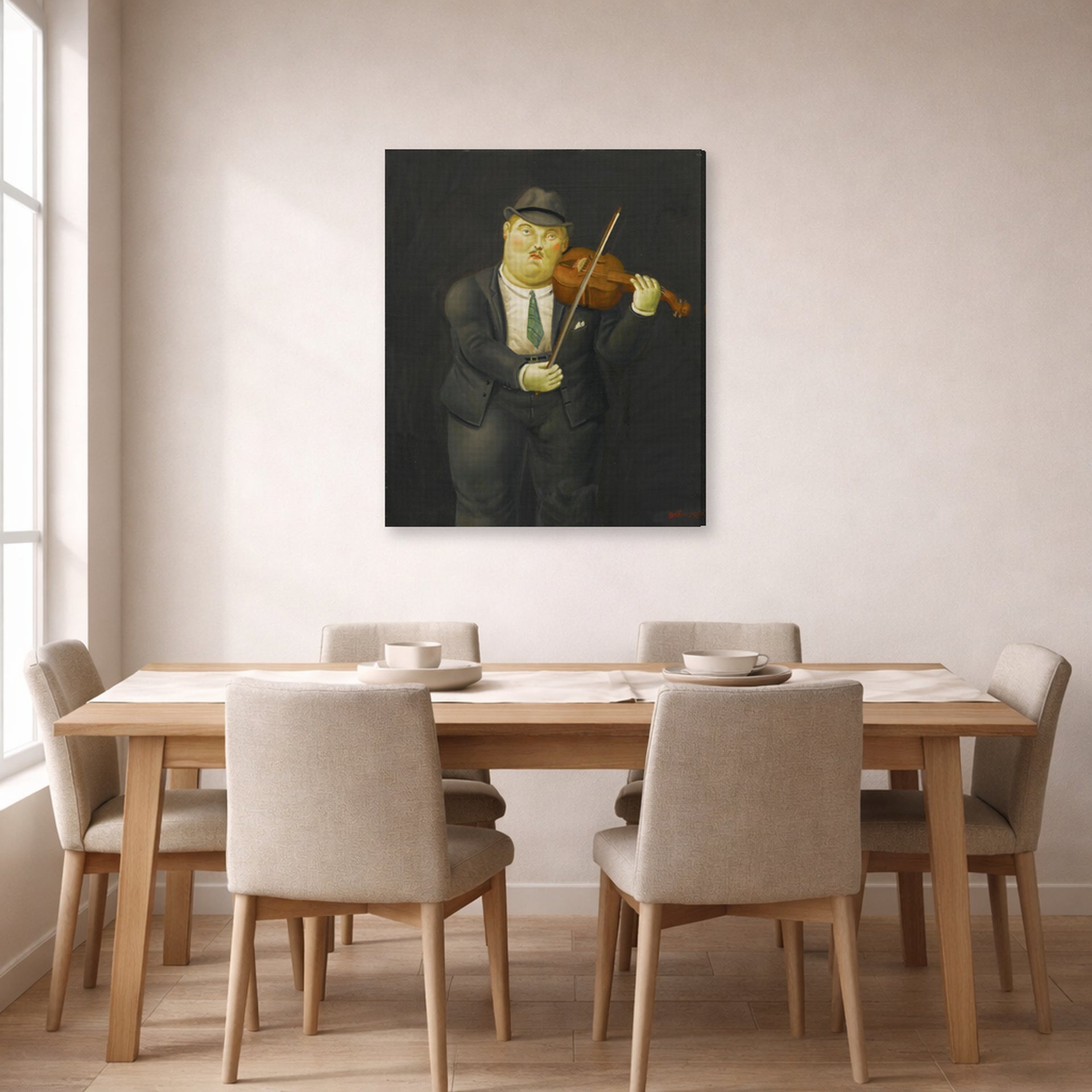 Gallery-wrapped canvas print of Fernando Botero's Violinist displayed on a wall in a dining room