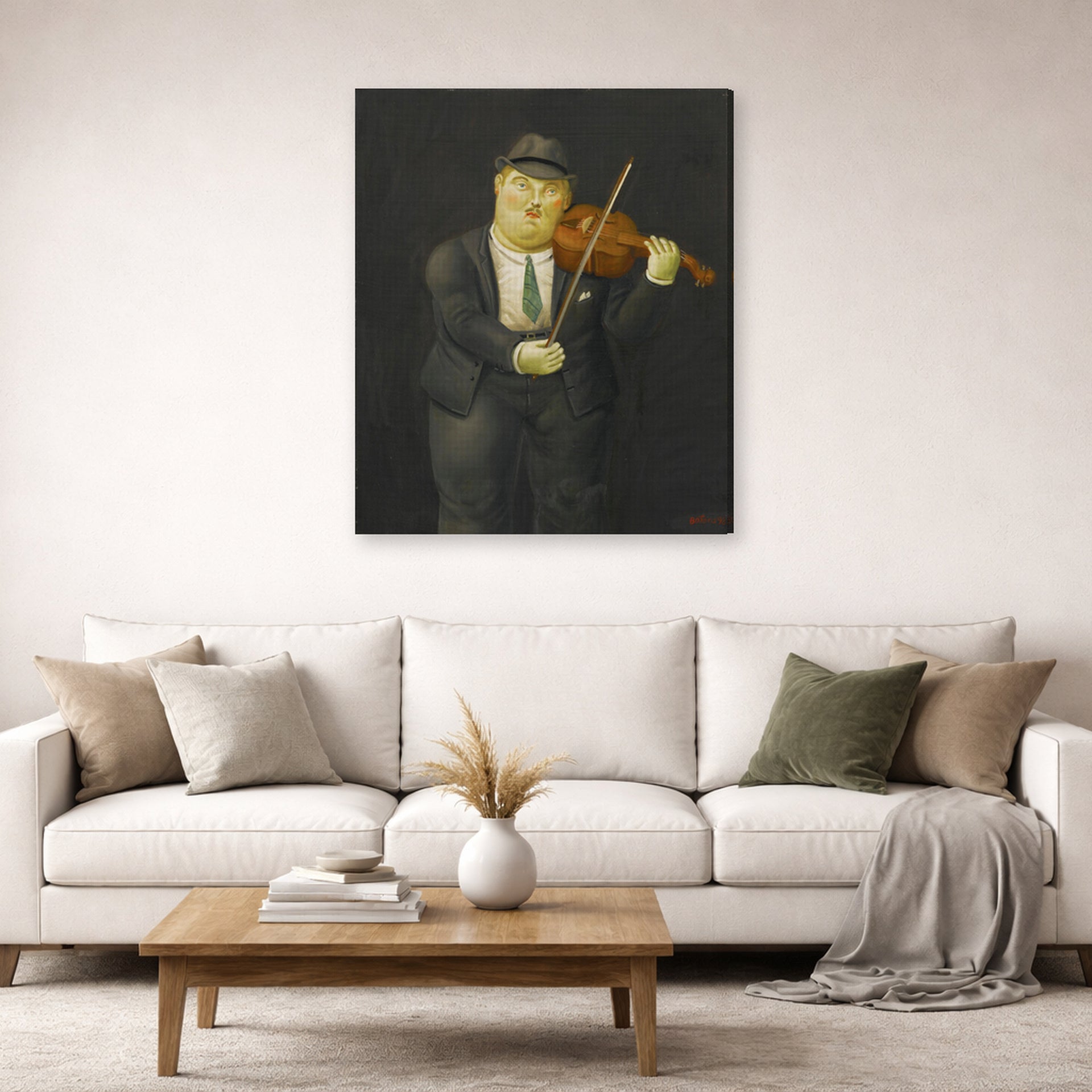 Gallery-wrapped canvas print of Fernando Botero's Violinist displayed on a wall in a living room