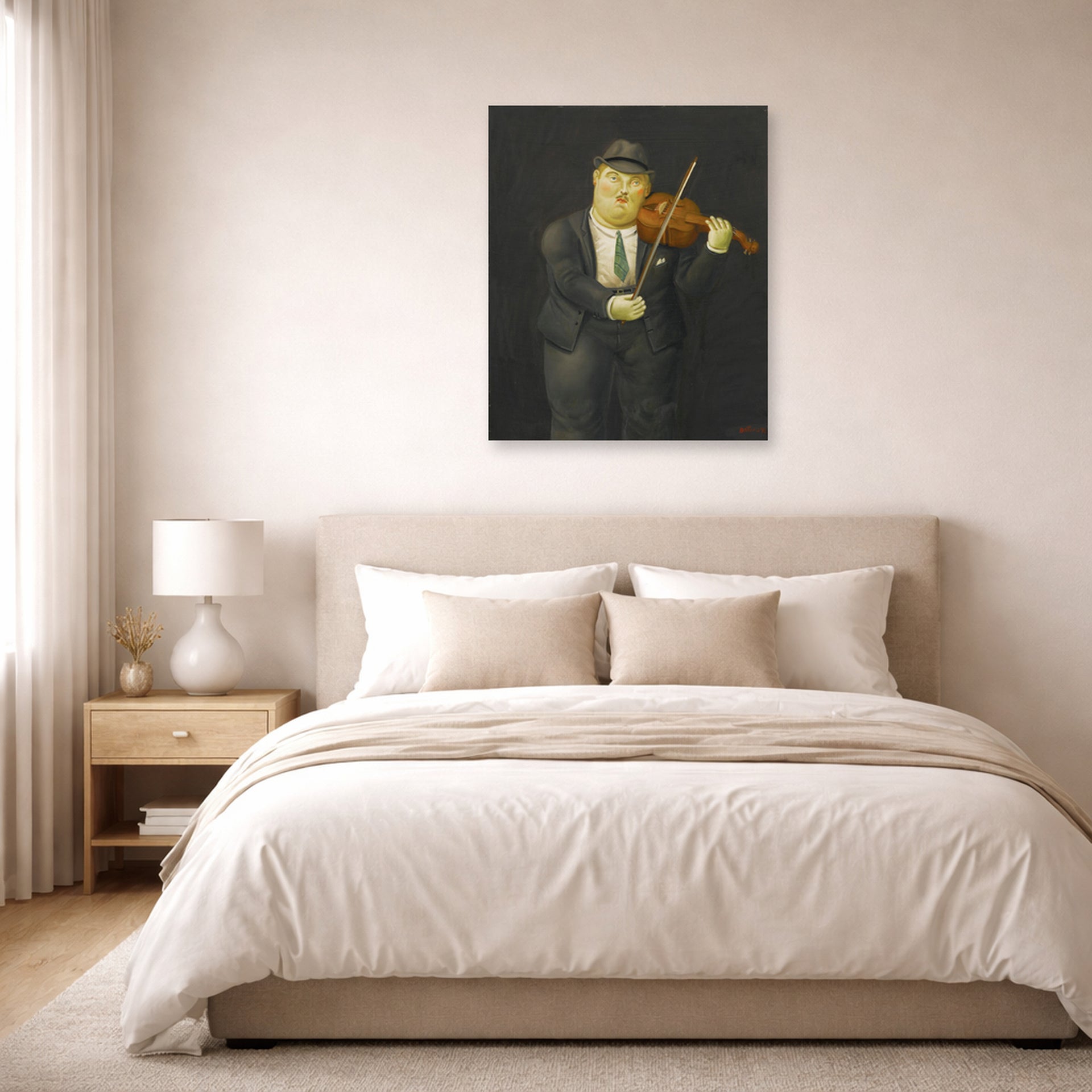 Unframed poster print of Fernando Botero's Violinist displayed on a wall in a bedroom