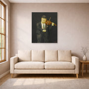 Unframed poster print of Fernando Botero's Violinist displayed on a wall in a living room