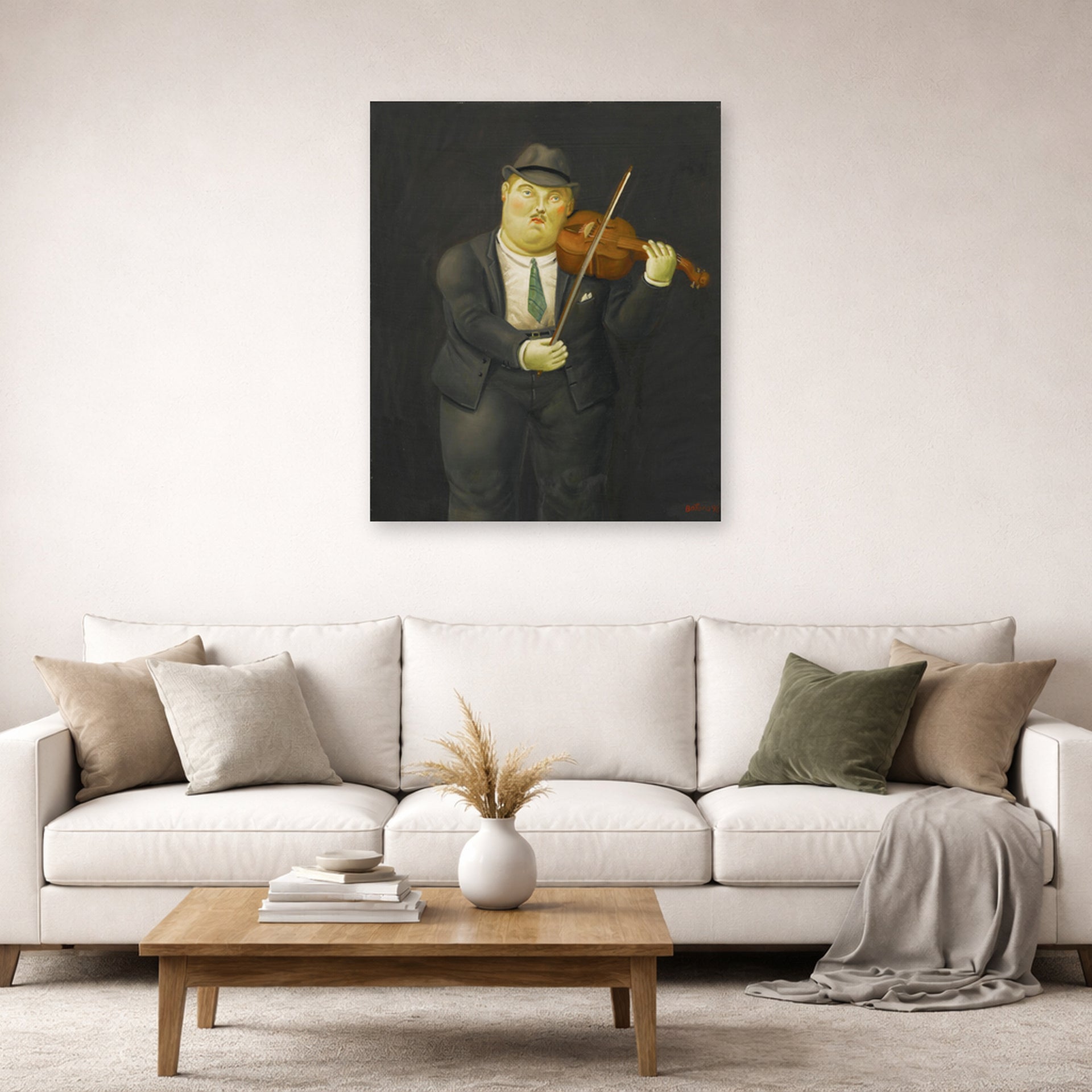 Unframed poster print of Fernando Botero's Violinist displayed on a wall in a living room