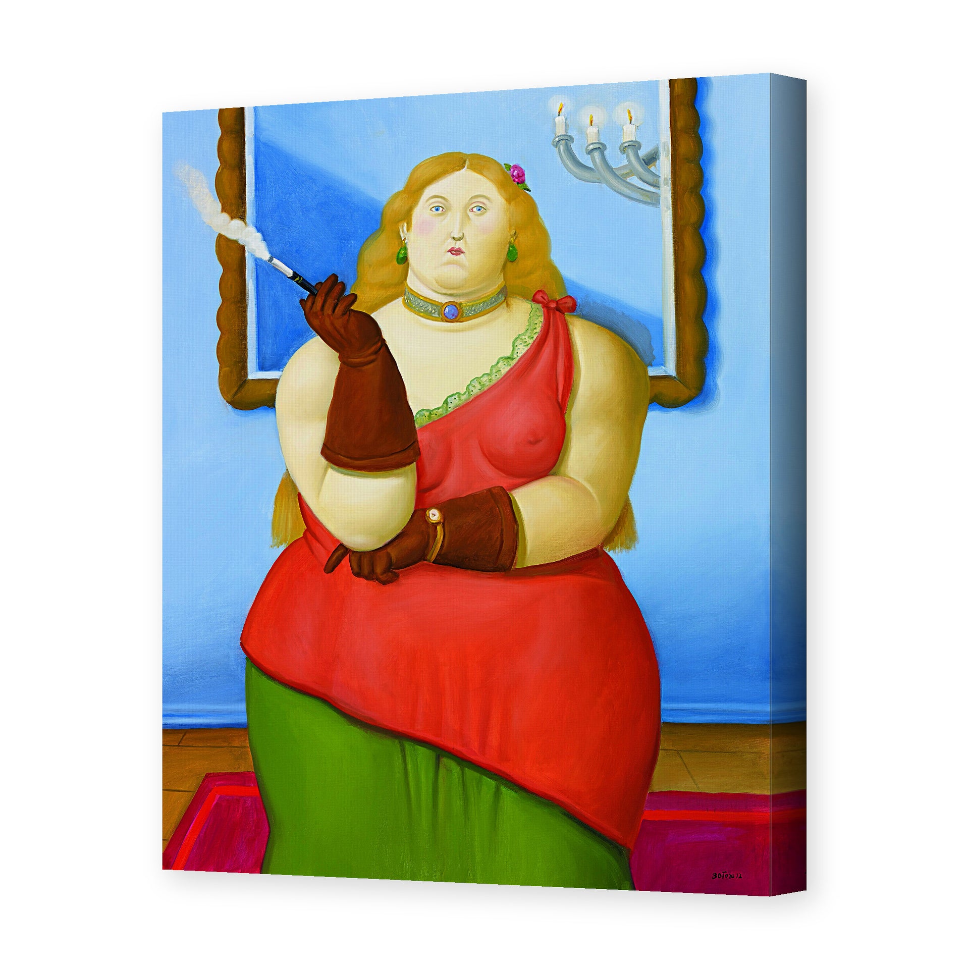 Fernando Botero's 'Woman Smoking' painting reproduced as a gallery-wrapped canvas print