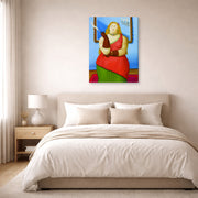 Gallery-wrapped canvas print of Fernando Botero's Woman Smoking displayed on a wall in a bedroom