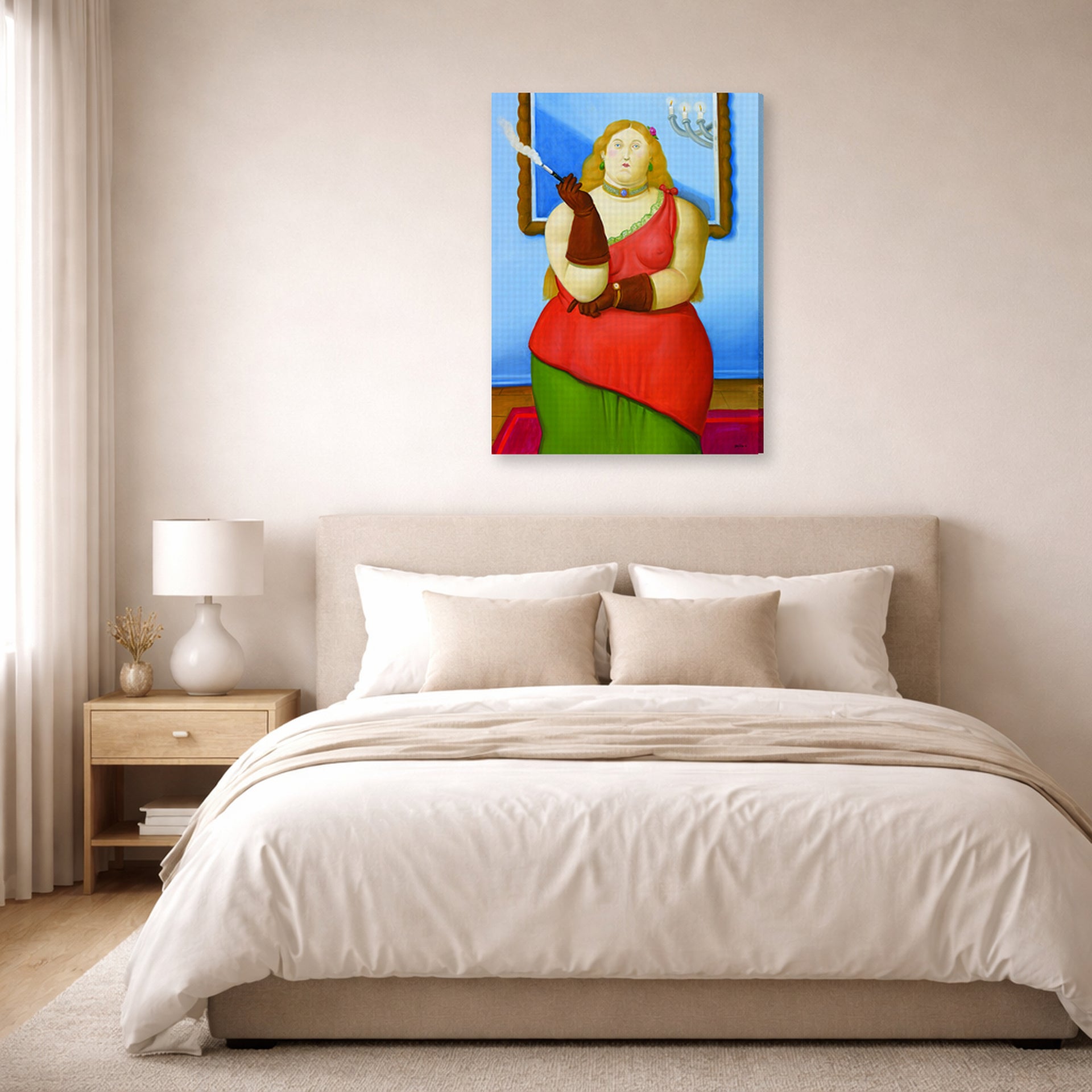 Gallery-wrapped canvas print of Fernando Botero's Woman Smoking displayed on a wall in a bedroom