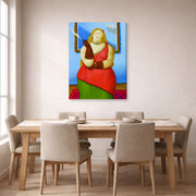 Gallery-wrapped canvas print of Fernando Botero's Woman Smoking displayed on a wall in a dining room