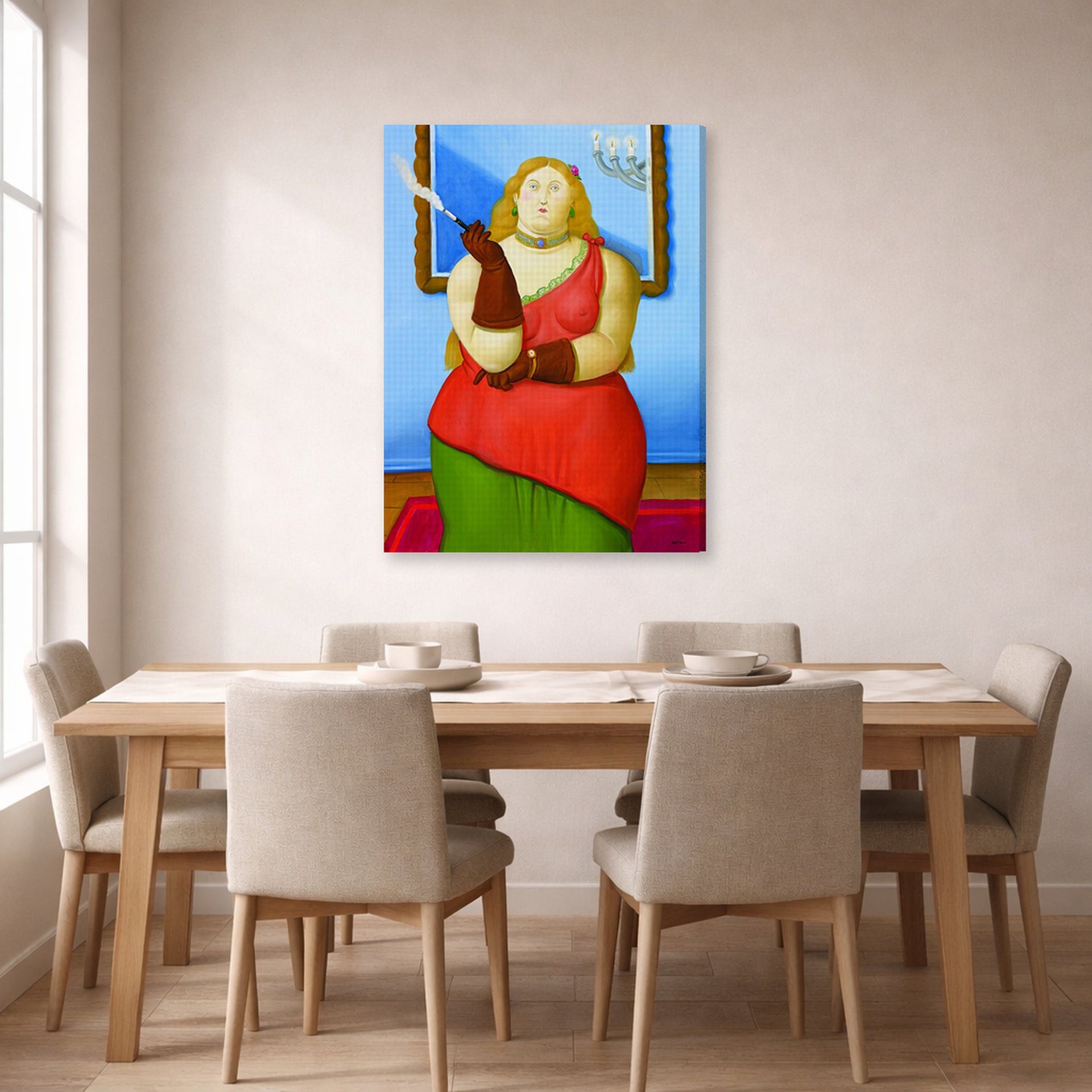 Gallery-wrapped canvas print of Fernando Botero's Woman Smoking displayed on a wall in a dining room