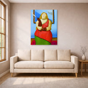 Gallery-wrapped canvas print of Fernando Botero's Woman Smoking displayed on a wall in a living room