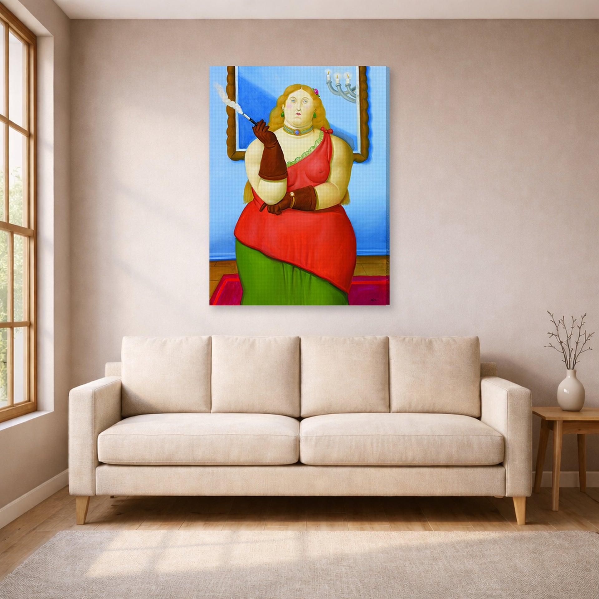 Gallery-wrapped canvas print of Fernando Botero's Woman Smoking displayed on a wall in a living room