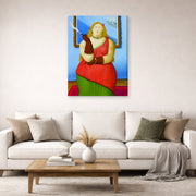 Gallery-wrapped canvas print of Fernando Botero's Woman Smoking displayed on a wall in a living room