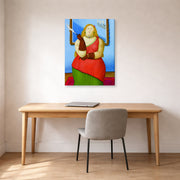 Gallery-wrapped canvas print of Fernando Botero's Woman Smoking displayed on a wall in a home office