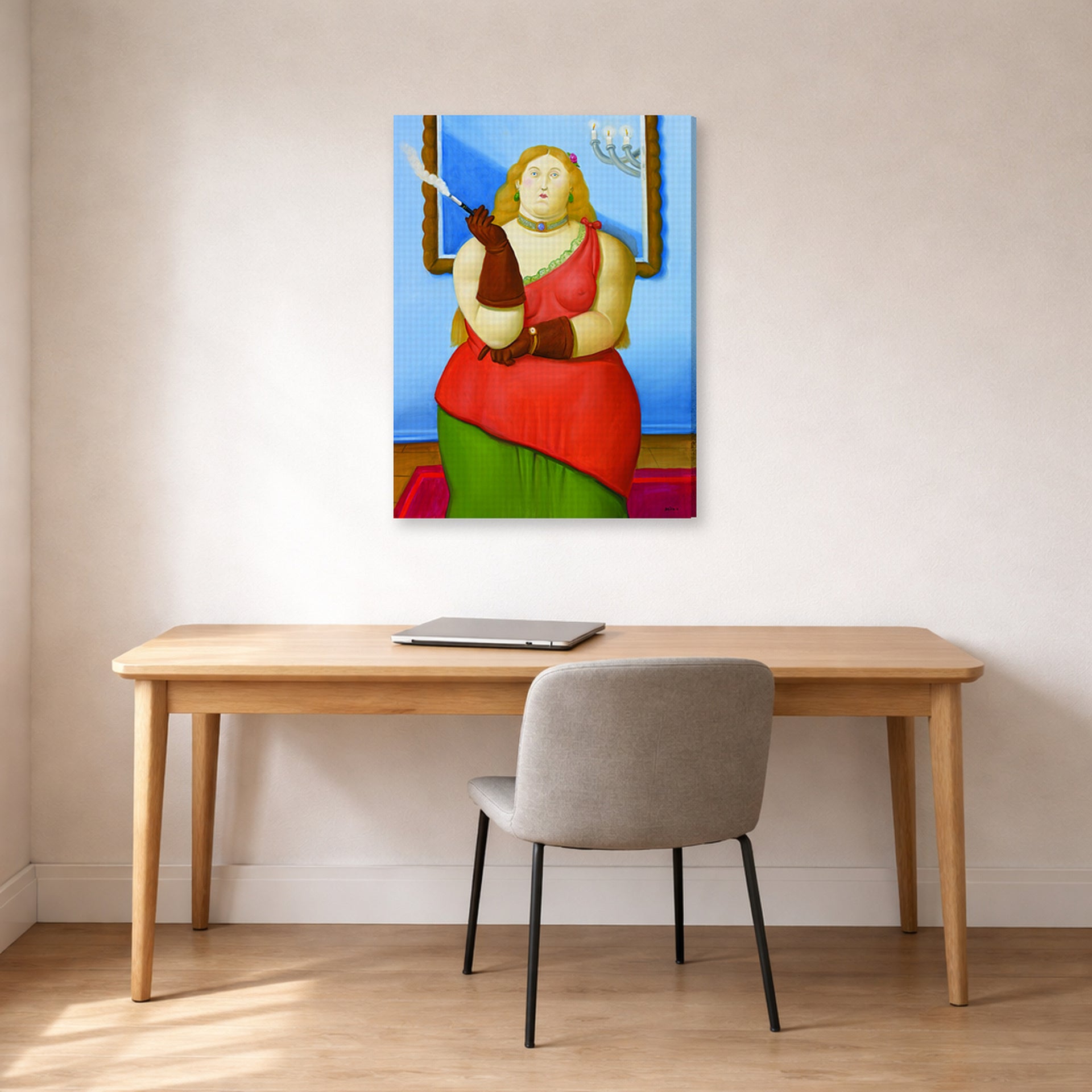 Gallery-wrapped canvas print of Fernando Botero's Woman Smoking displayed on a wall in a home office