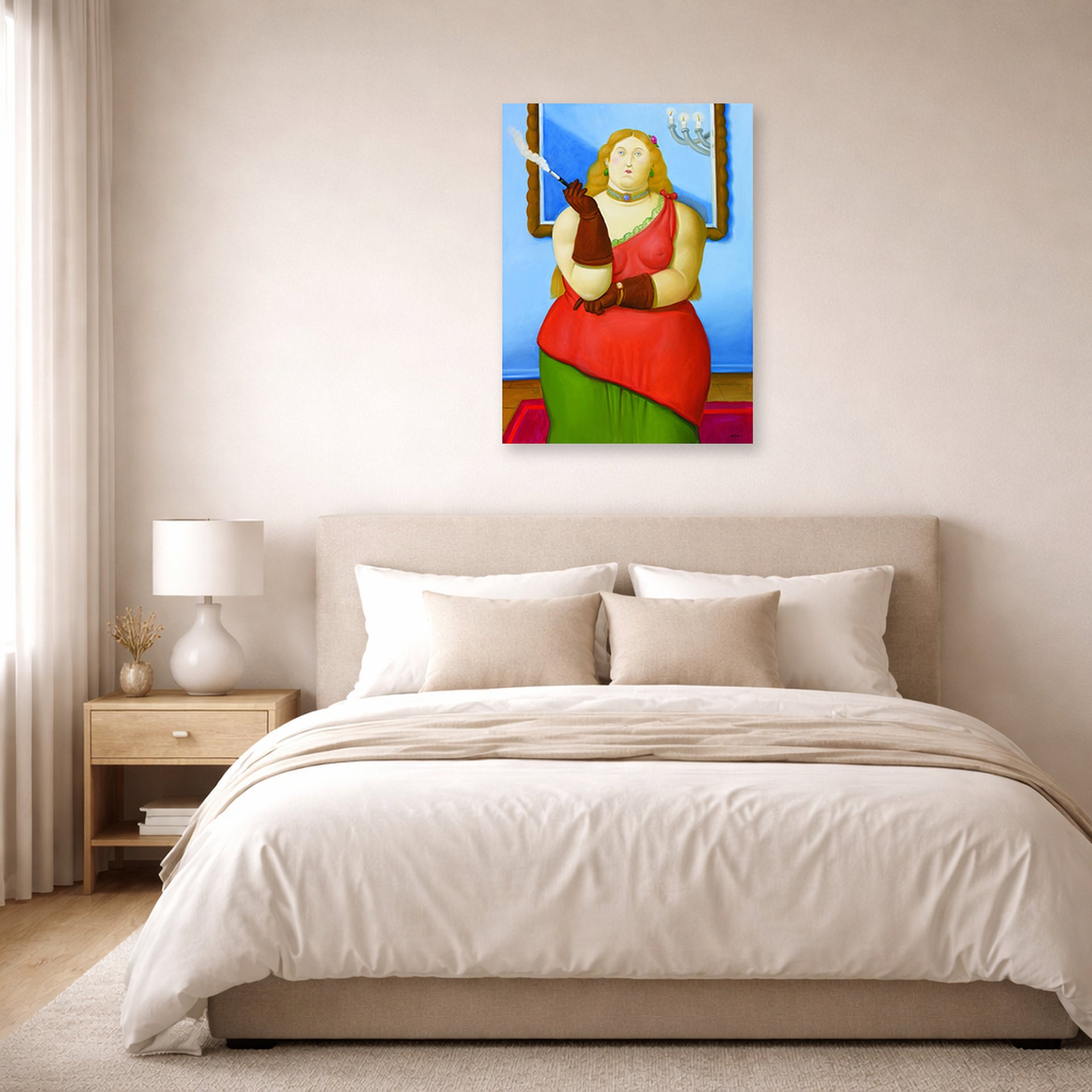 Unframed poster print of Fernando Botero's Woman Smoking displayed on a wall in a bedroom