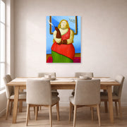Unframed poster print of Fernando Botero's Woman Smoking displayed on a wall in a dining room