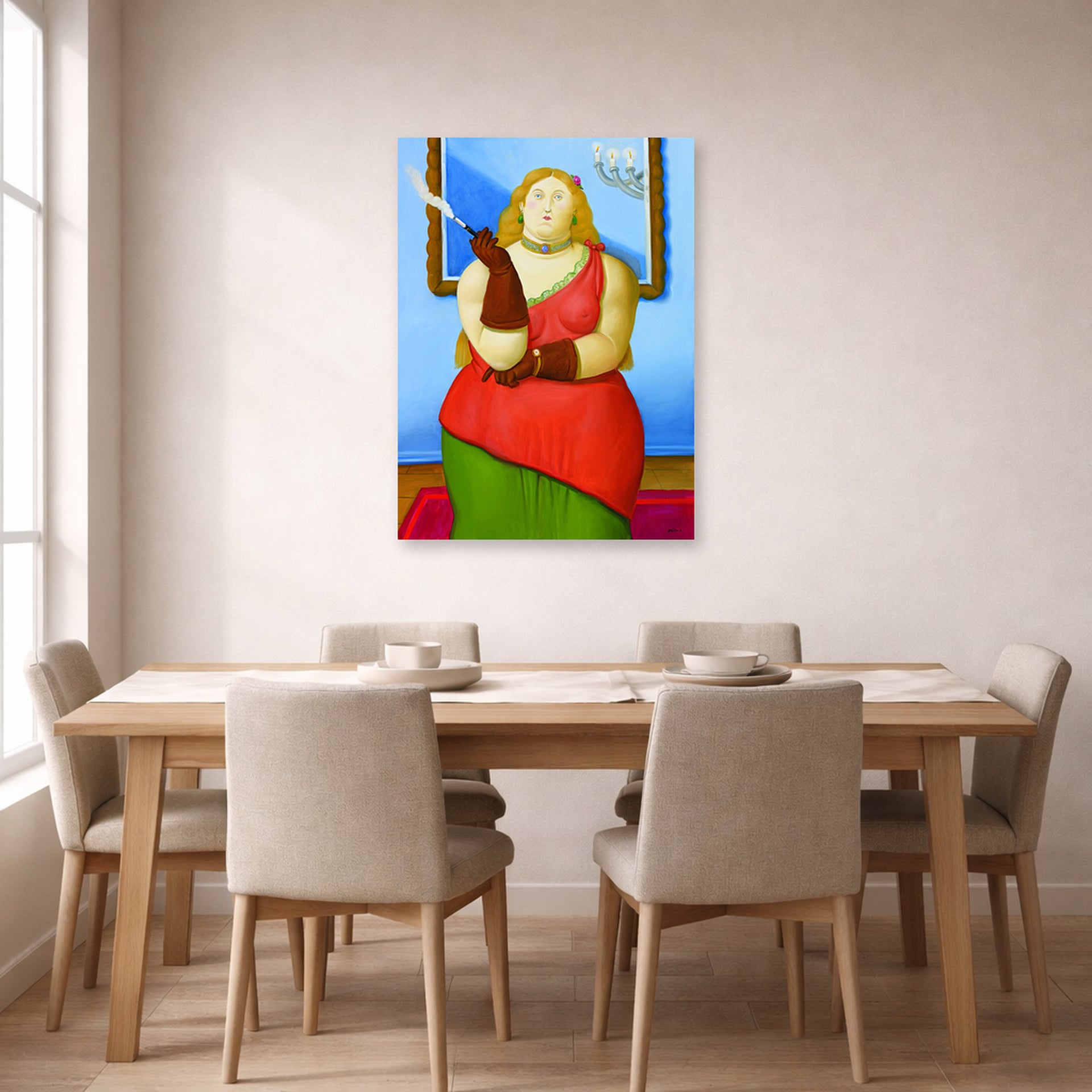 Unframed poster print of Fernando Botero's Woman Smoking displayed on a wall in a dining room