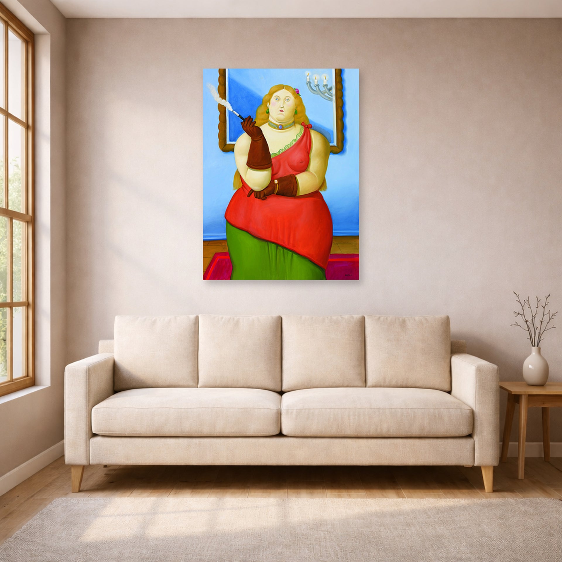 Unframed poster print of Fernando Botero's Woman Smoking displayed on a wall in a living room