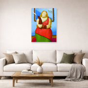 Unframed poster print of Fernando Botero's Woman Smoking displayed on a wall in a living room