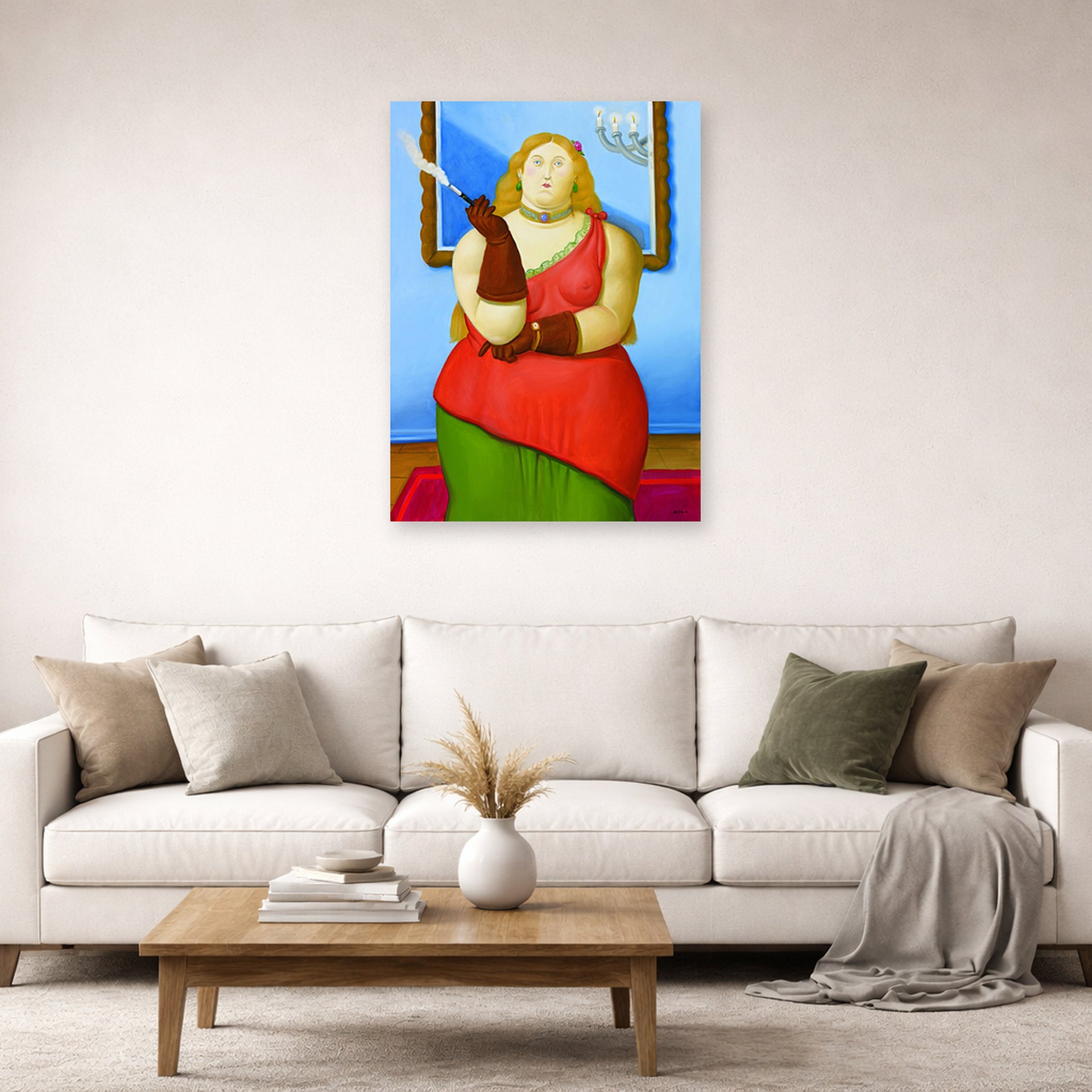 Unframed poster print of Fernando Botero's Woman Smoking displayed on a wall in a living room