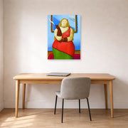 Unframed poster print of Fernando Botero's Woman Smoking displayed on a wall in a home office