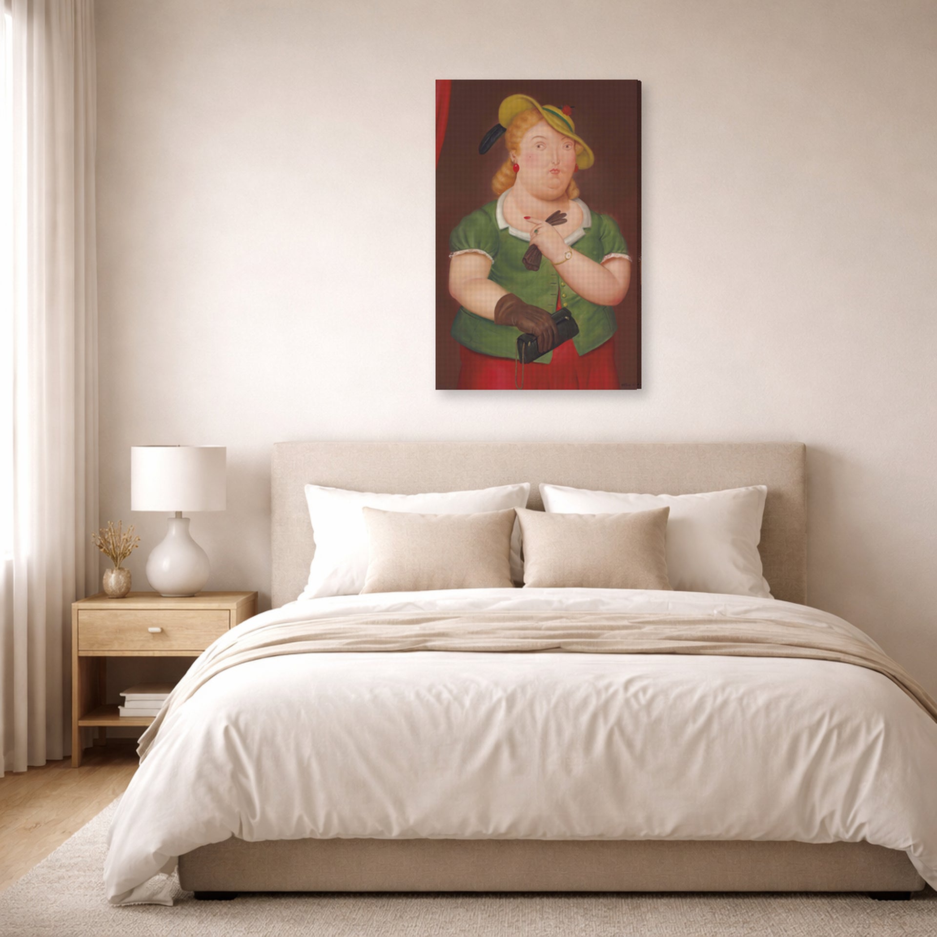 Gallery-wrapped canvas print of Fernando Botero's Woman with Hat displayed on a wall in a bedroom