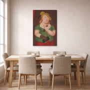 Gallery-wrapped canvas print of Fernando Botero's Woman with Hat displayed on a wall in a dining room
