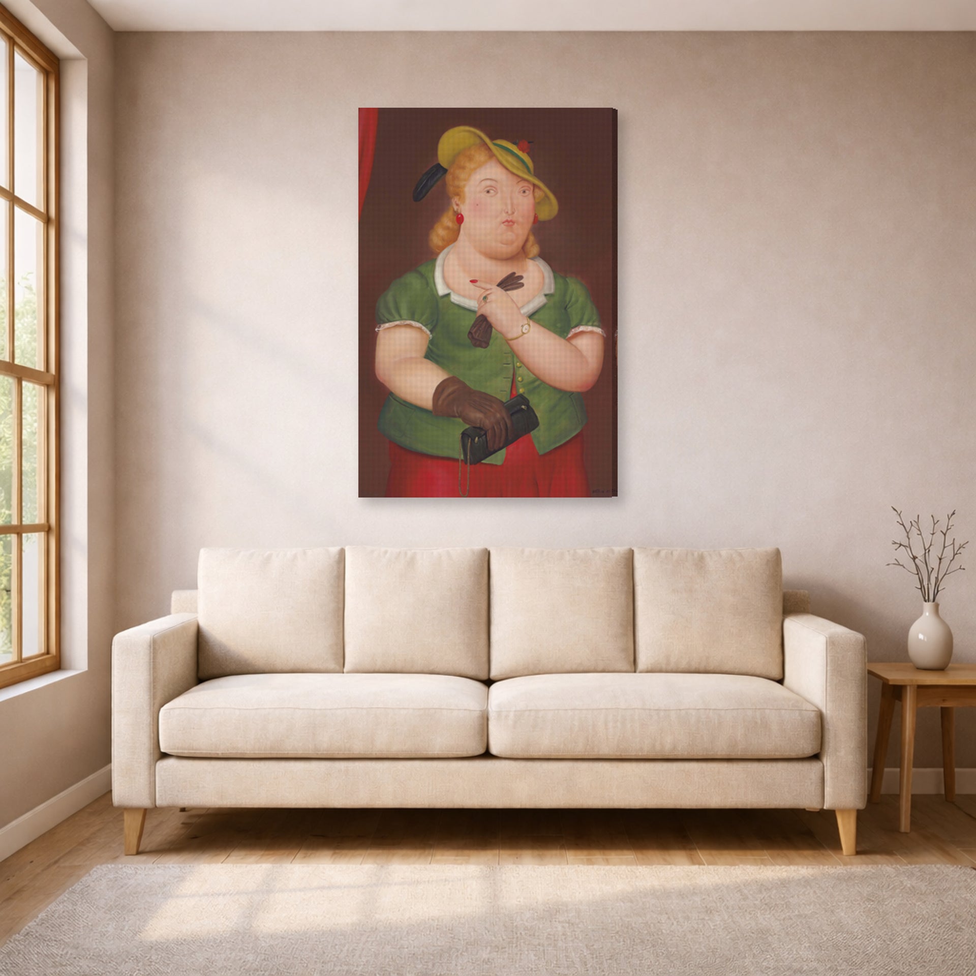 Gallery-wrapped canvas print of Fernando Botero's Woman with Hat displayed on a wall in a living room