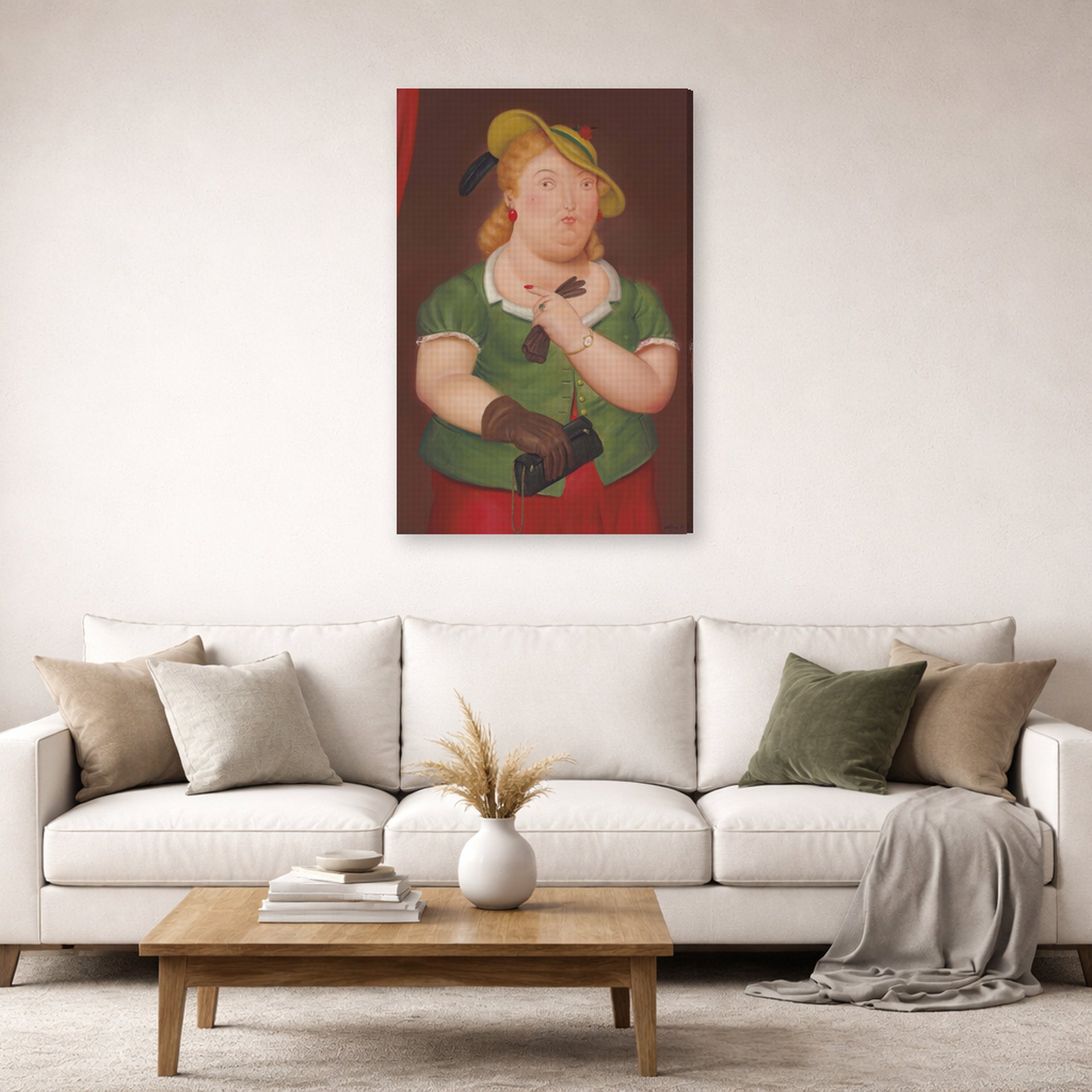 Gallery-wrapped canvas print of Fernando Botero's Woman with Hat displayed on a wall in a living room