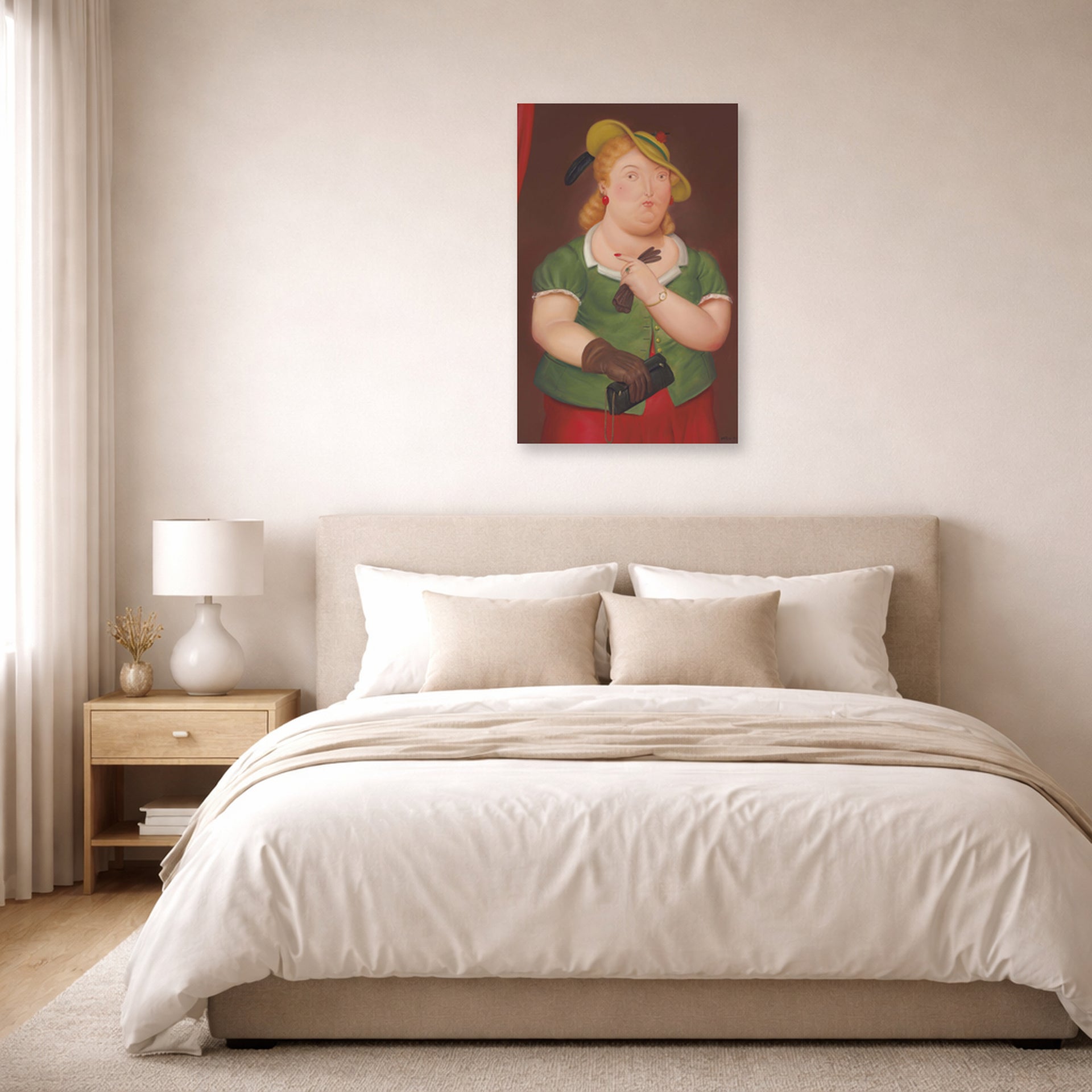 Unframed poster print of Fernando Botero's Woman with Hat displayed on a wall in a bedroom