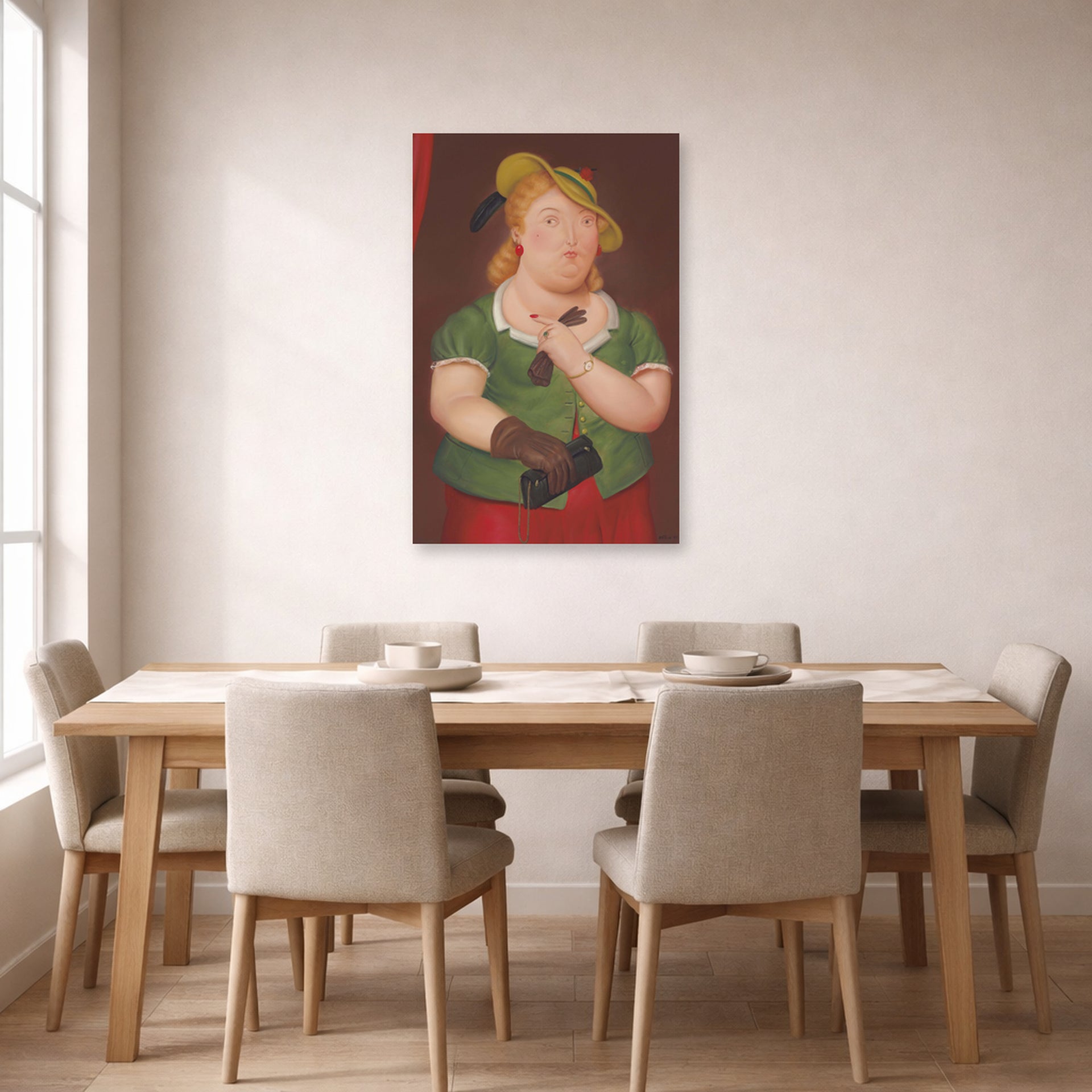 Unframed poster print of Fernando Botero's Woman with Hat displayed on a wall in a dining room