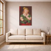 Unframed poster print of Fernando Botero's Woman with Hat displayed on a wall in a living room