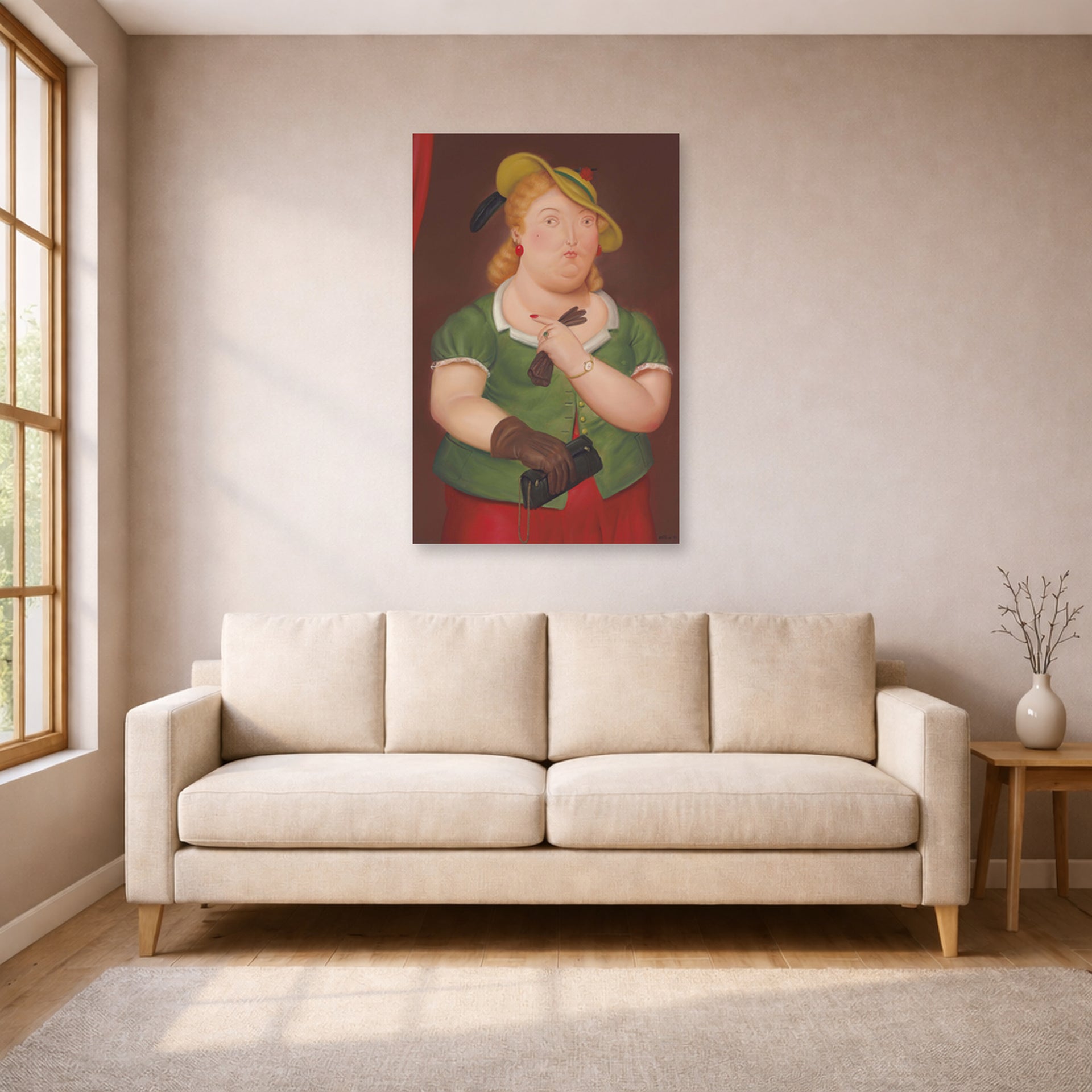 Unframed poster print of Fernando Botero's Woman with Hat displayed on a wall in a living room