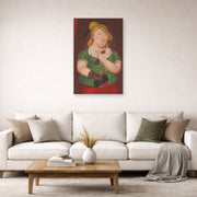 Unframed poster print of Fernando Botero's Woman with Hat displayed on a wall in a living room