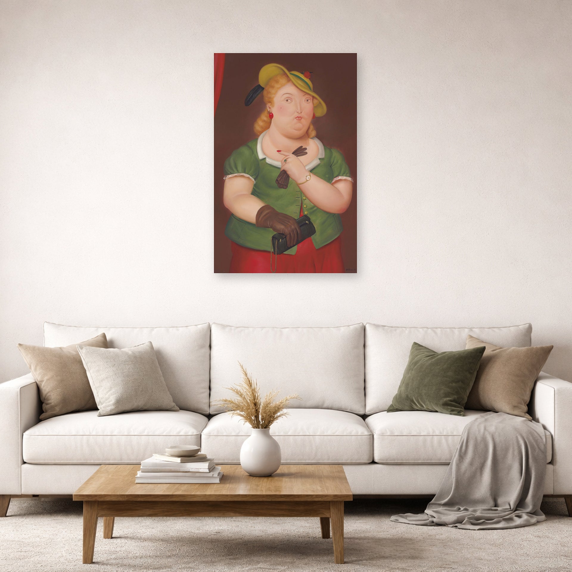 Unframed poster print of Fernando Botero's Woman with Hat displayed on a wall in a living room