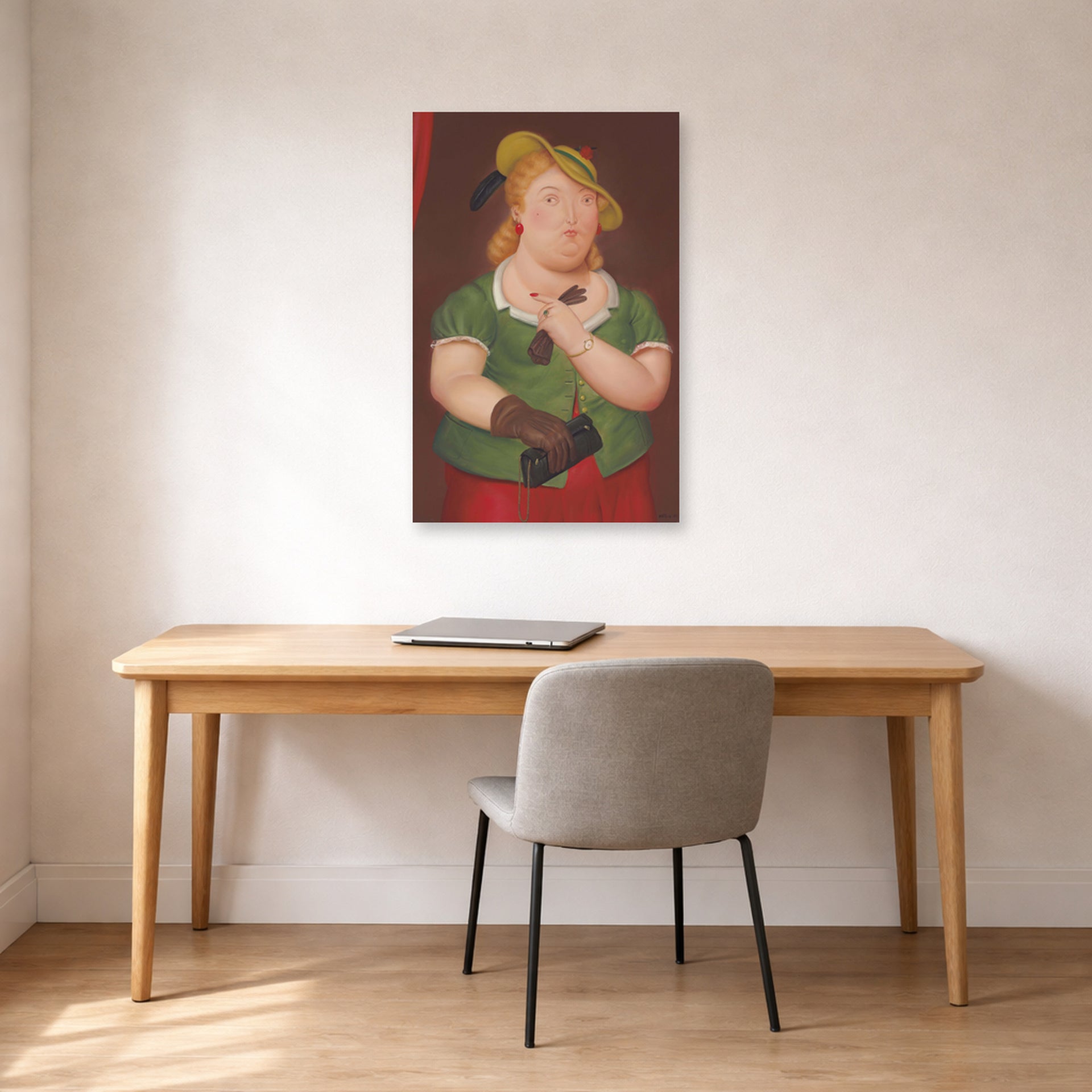 Unframed poster print of Fernando Botero's Woman with Hat displayed on a wall in a home office