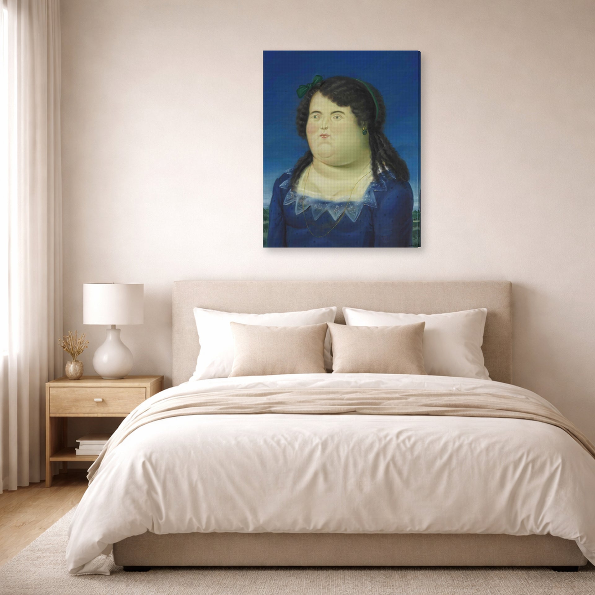 Gallery-wrapped canvas print of Fernando Botero's Woman displayed on a wall in a bedroom