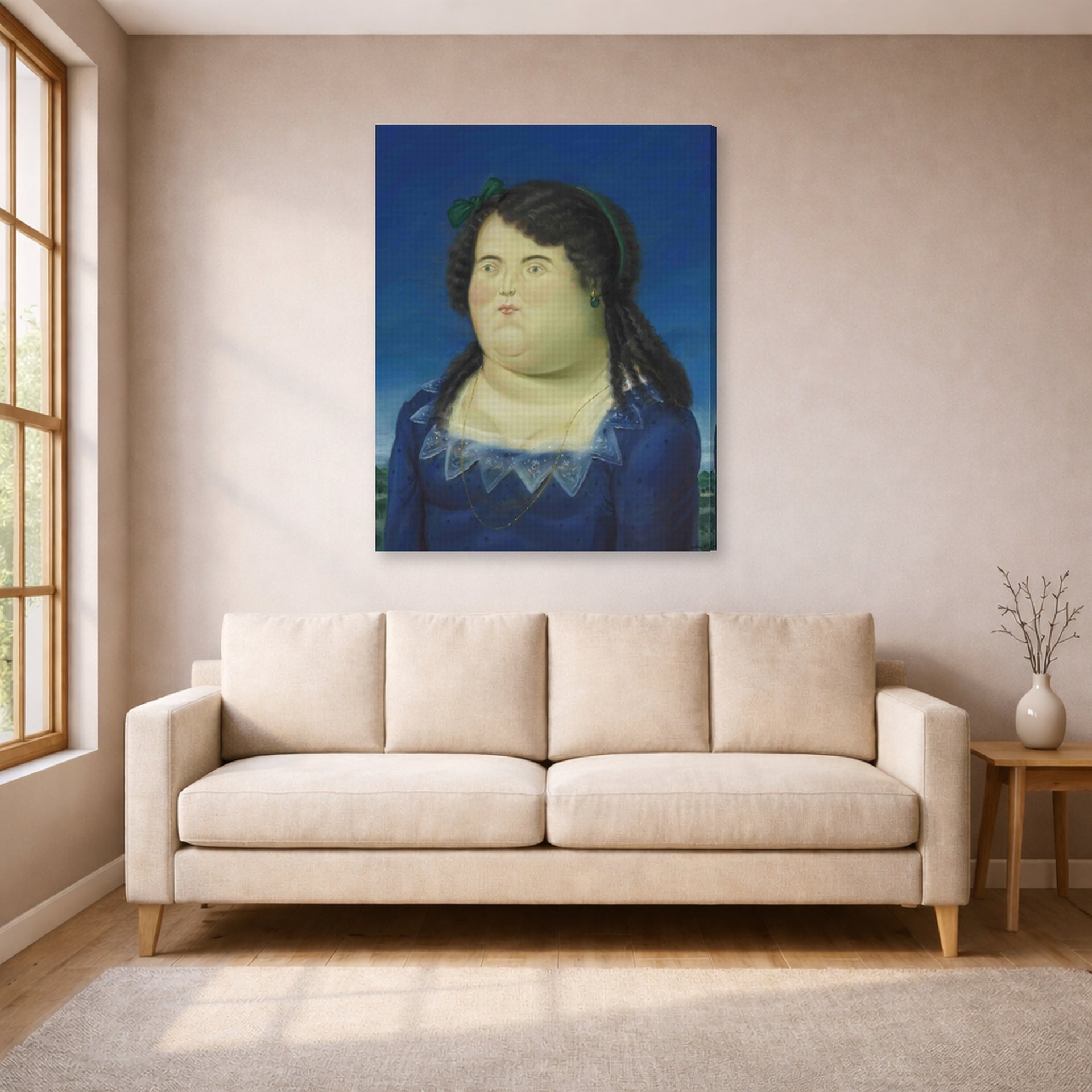 Gallery-wrapped canvas print of Fernando Botero's Woman displayed on a wall in a living room