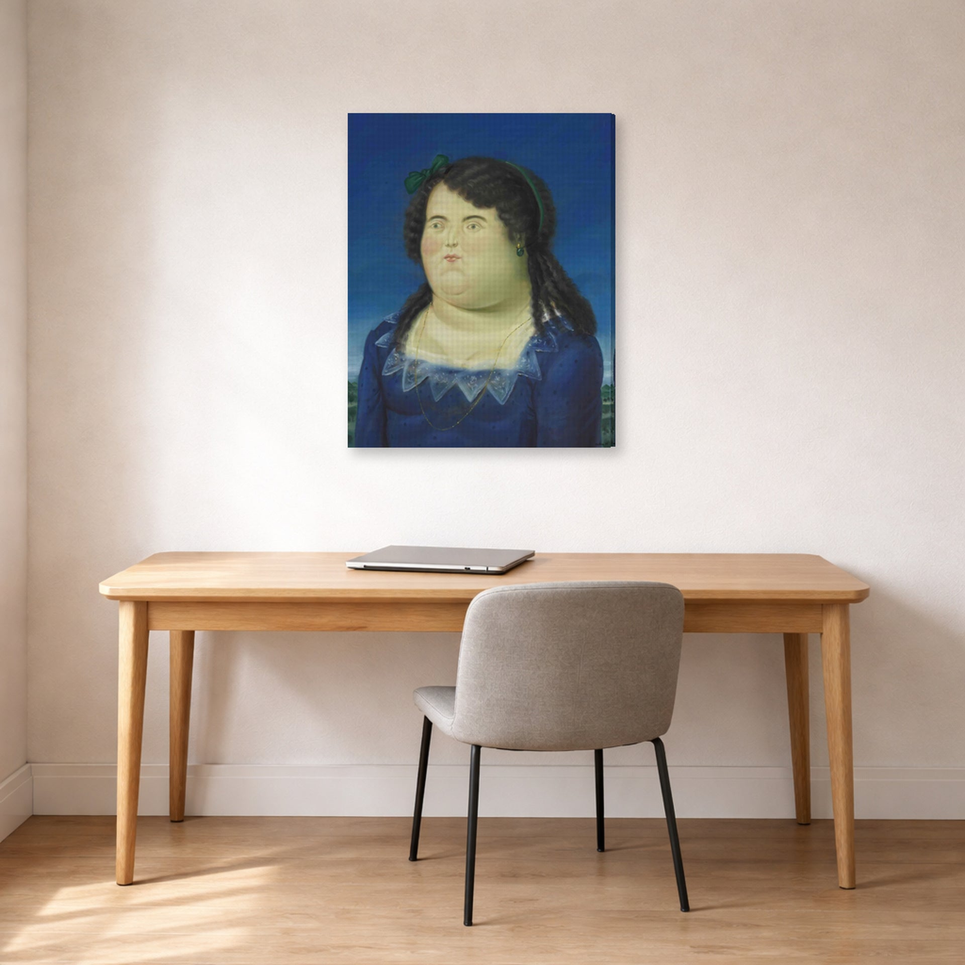 Gallery-wrapped canvas print of Fernando Botero's Woman displayed on a wall in a home office