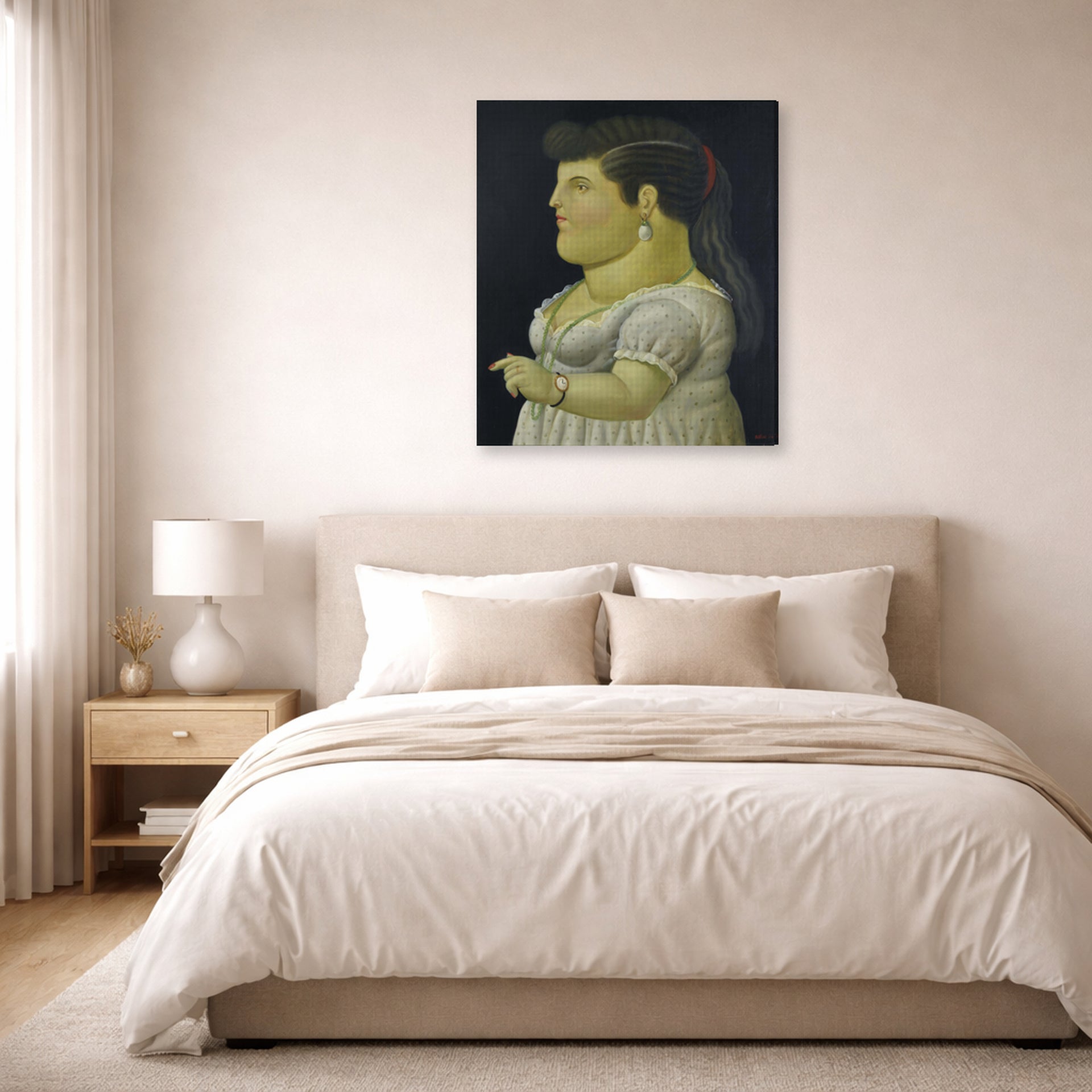 Gallery-wrapped canvas print of Fernando Botero's Woman in Profile displayed on a wall in a bedroom
