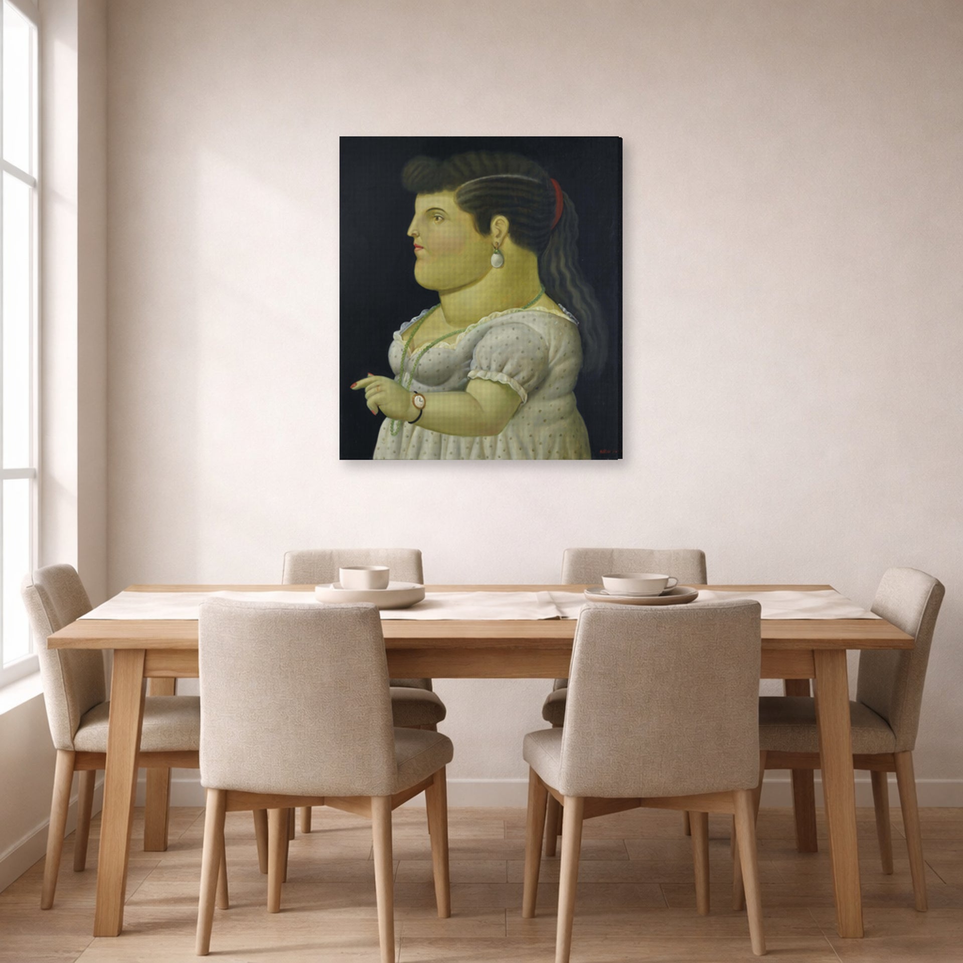 Gallery-wrapped canvas print of Fernando Botero's Woman in Profile displayed on a wall in a dining room