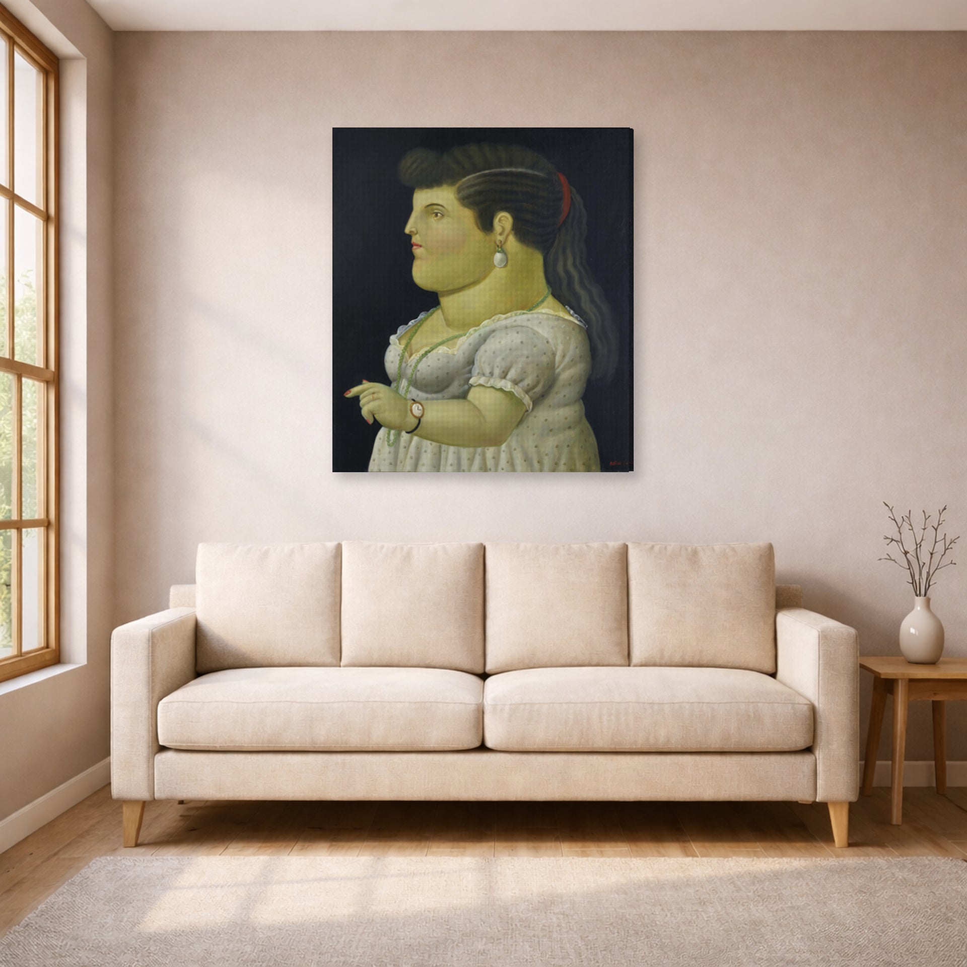 Gallery-wrapped canvas print of Fernando Botero's Woman in Profile displayed on a wall in a living room