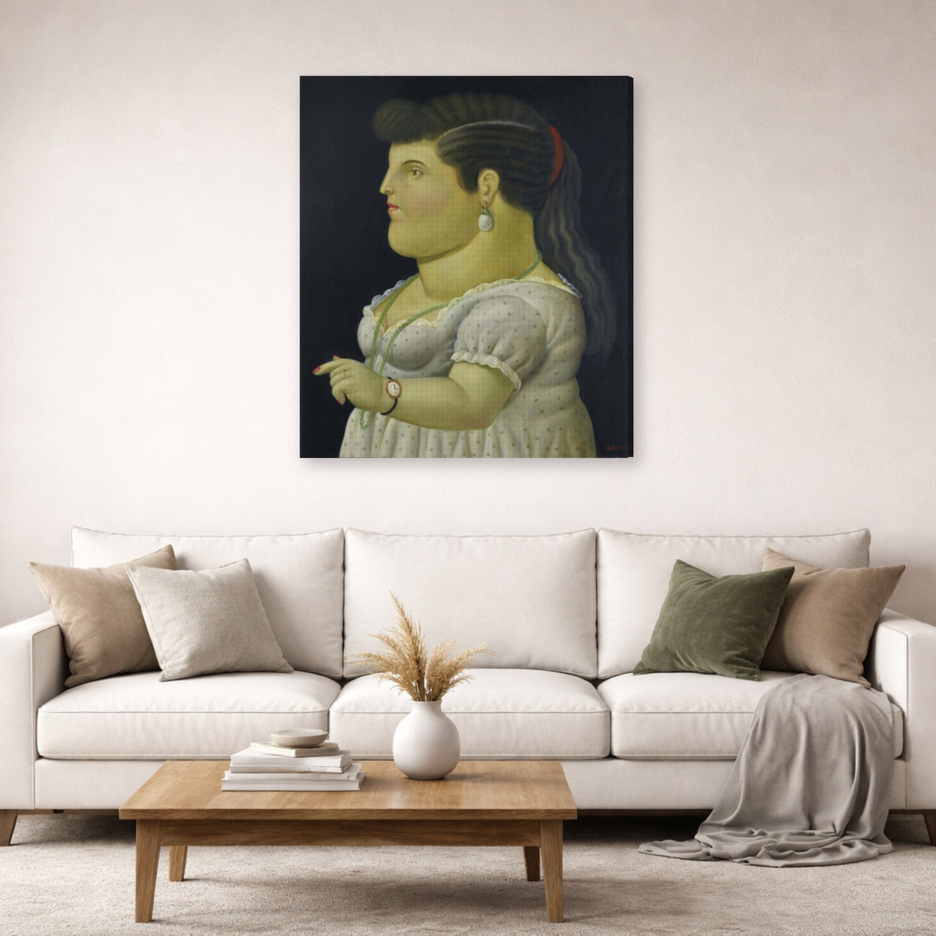 Gallery-wrapped canvas print of Fernando Botero's Woman in Profile displayed on a wall in a living room