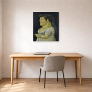 Gallery-wrapped canvas print of Fernando Botero's Woman in Profile displayed on a wall in a home office