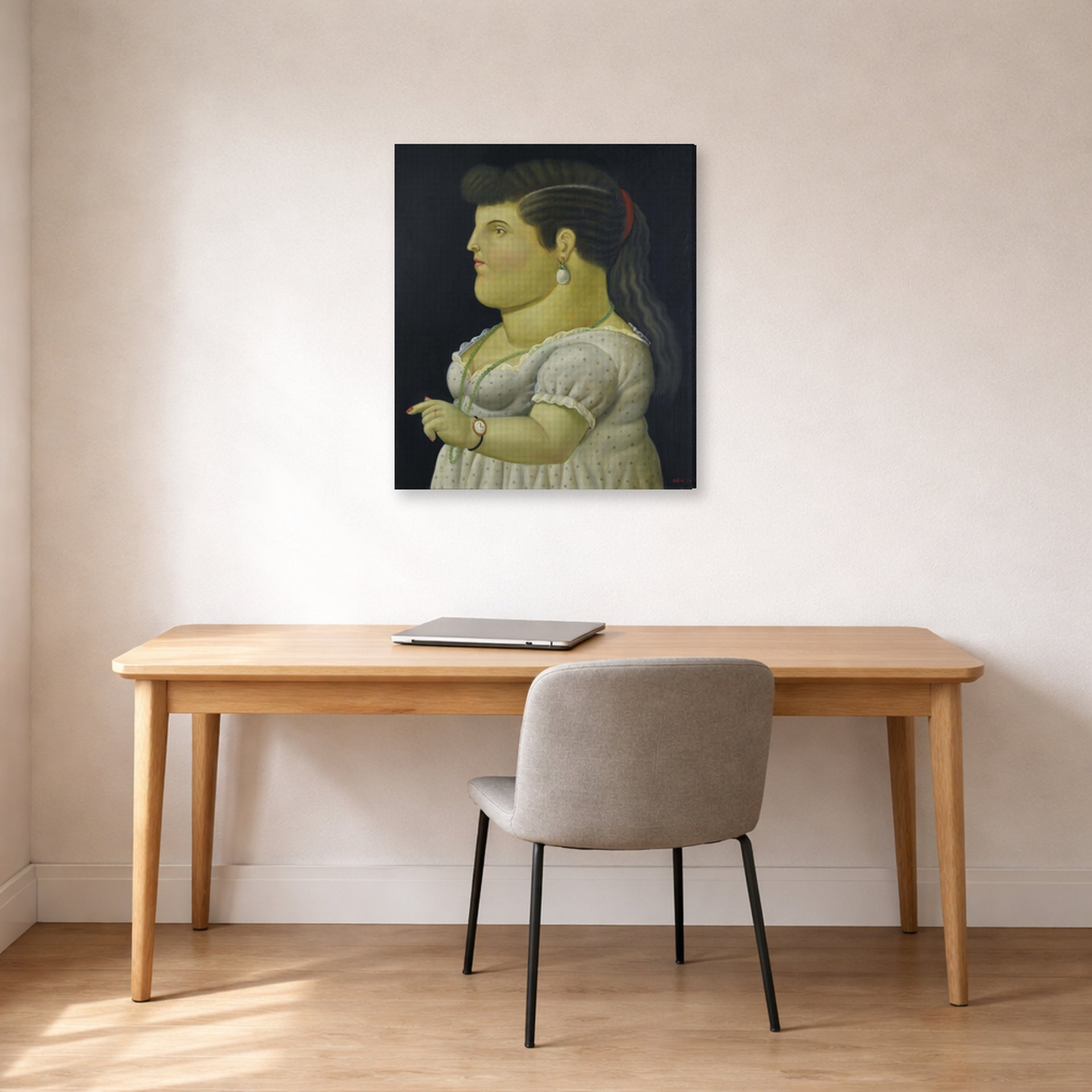 Gallery-wrapped canvas print of Fernando Botero's Woman in Profile displayed on a wall in a home office