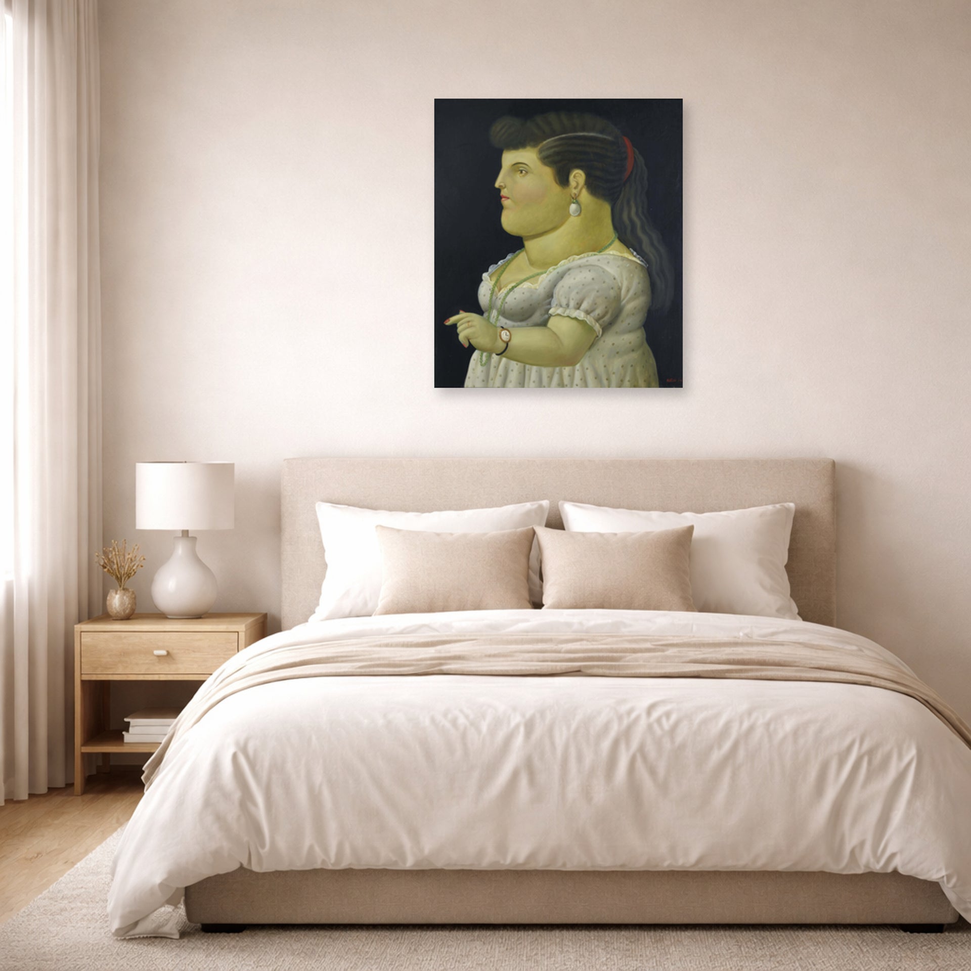 Unframed poster print of Fernando Botero's Woman in Profile displayed on a wall in a bedroom