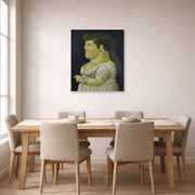 Unframed poster print of Fernando Botero's Woman in Profile displayed on a wall in a dining room