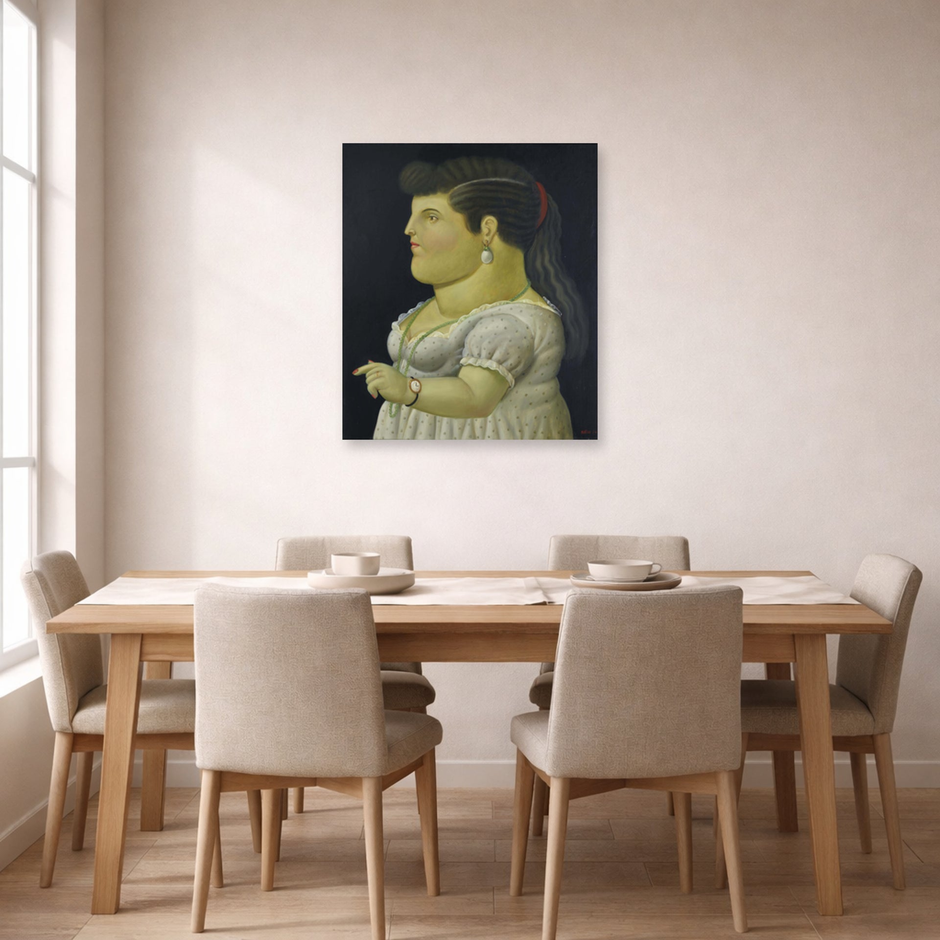 Unframed poster print of Fernando Botero's Woman in Profile displayed on a wall in a dining room