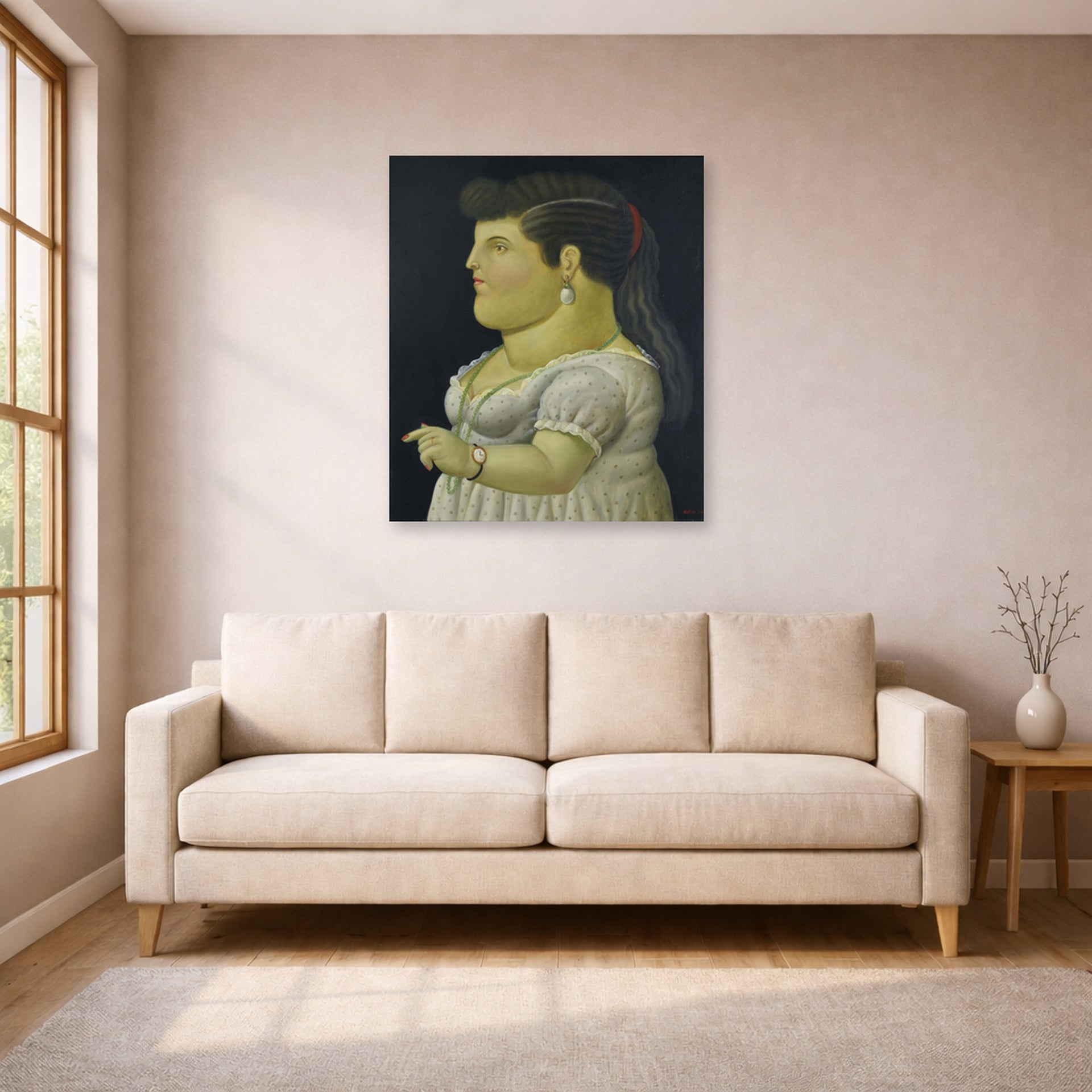 Unframed poster print of Fernando Botero's Woman in Profile displayed on a wall in a living room