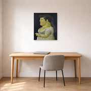Unframed poster print of Fernando Botero's Woman in Profile displayed on a wall in a home office